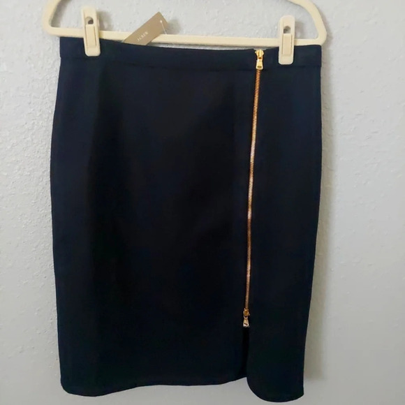 J.Crew Wool Knee length Pencil Skirt Black -Gold Assymmetrical front zip 12p - Picture 4 of 12
